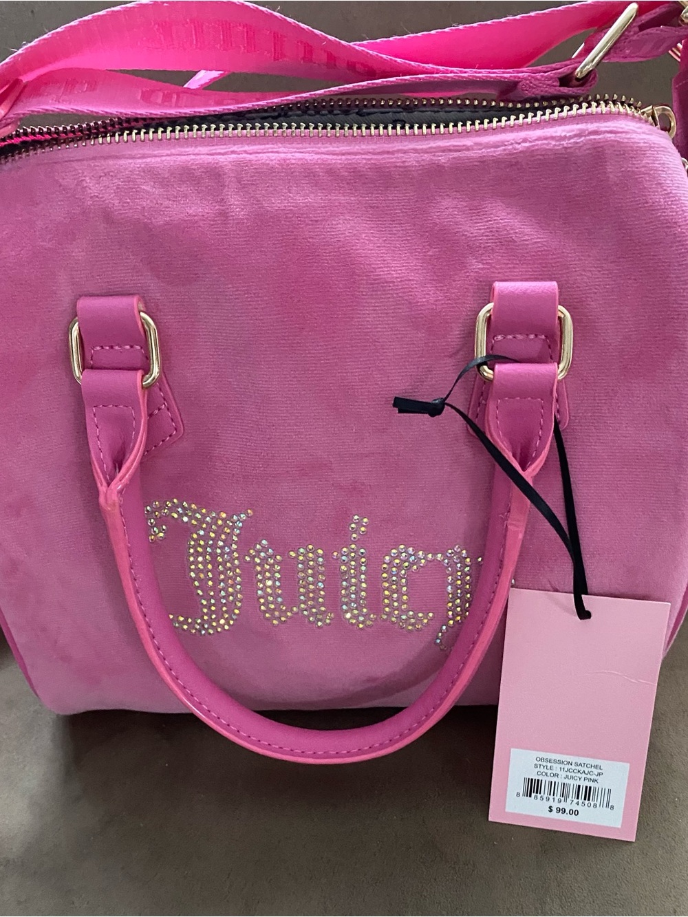 Juicy Couture Hot Pink Velvet Satchel with Rhinestone Logo